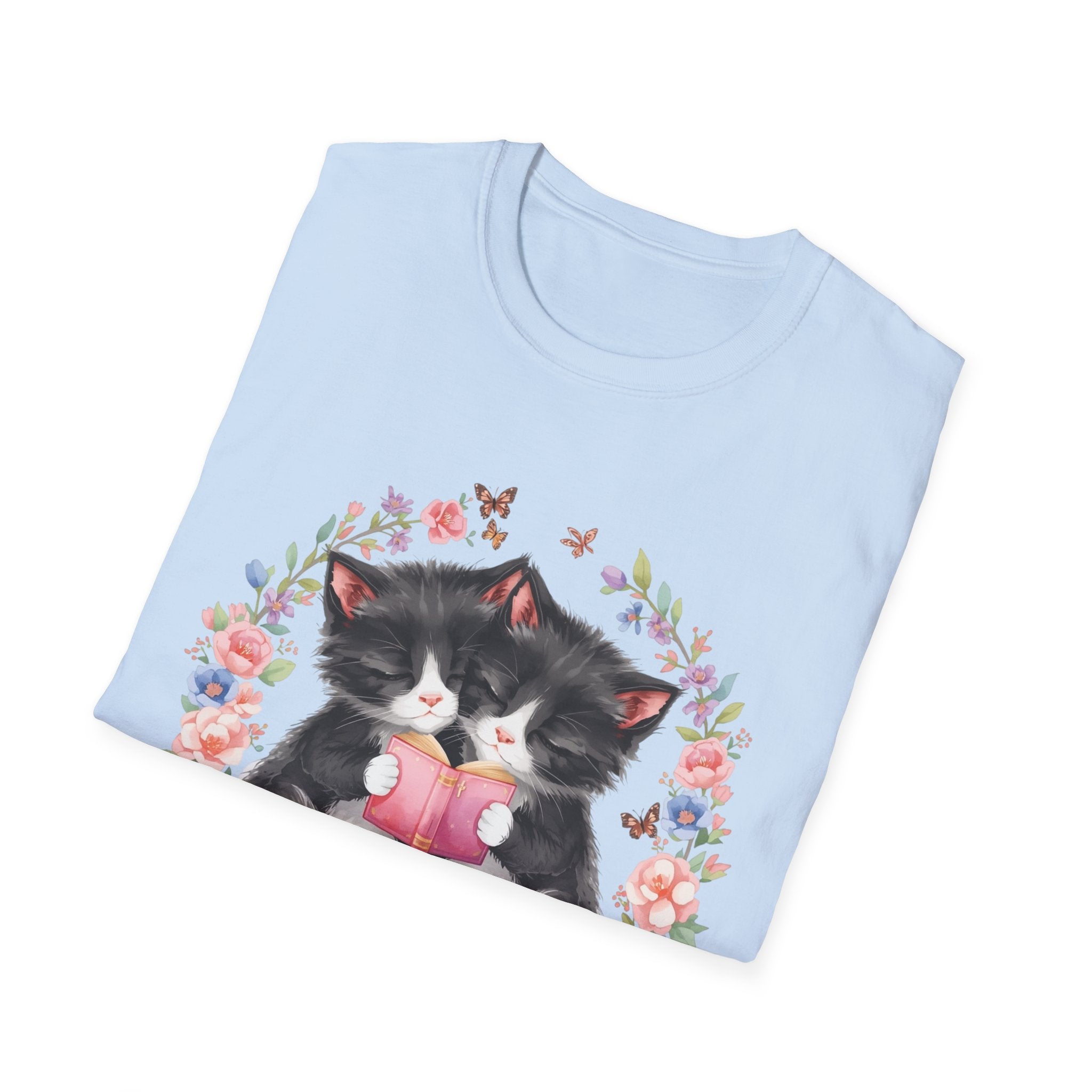 Cat Kittens Floral Wreath T-Shirt — Cute Twins with Gift & Bow