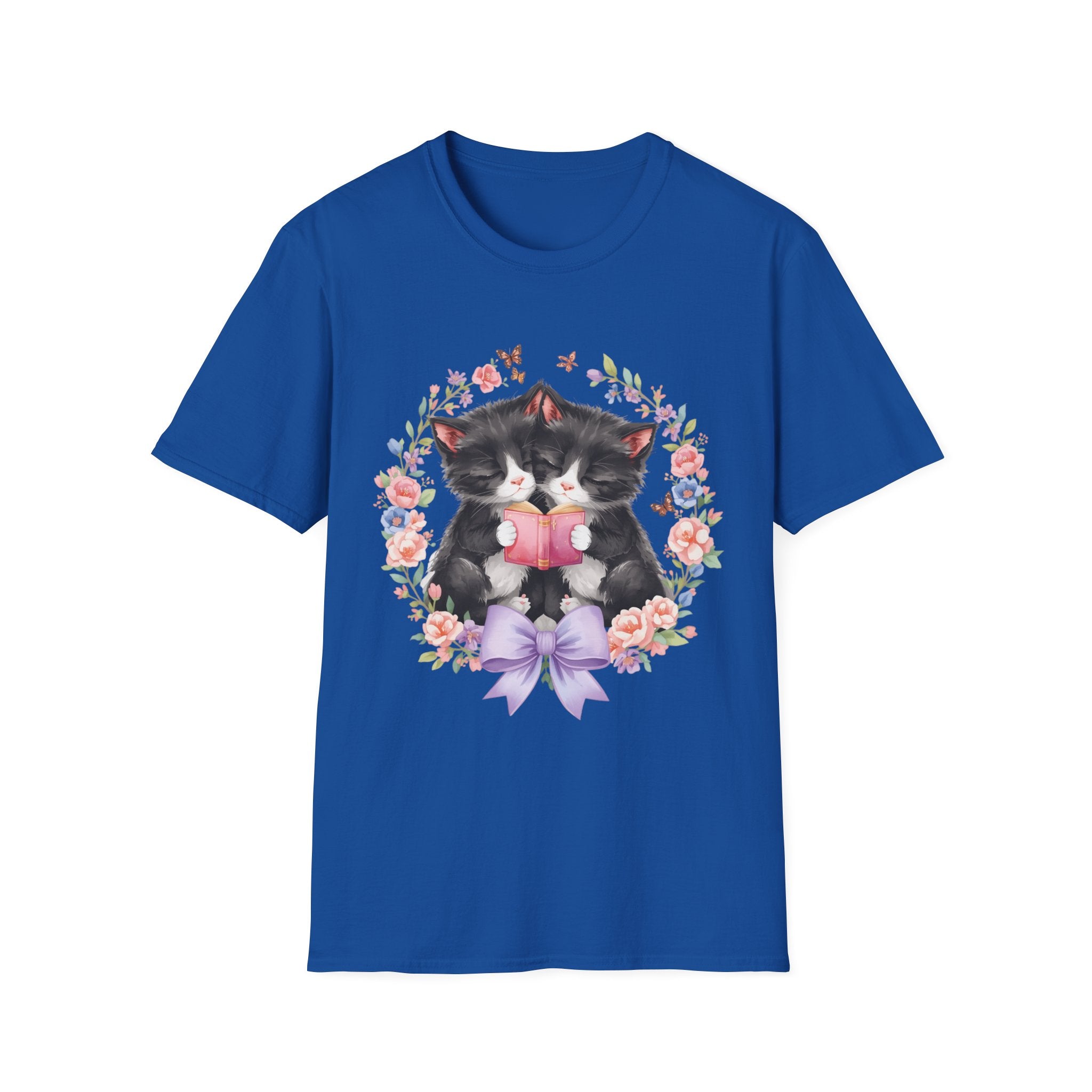 Cat Kittens Floral Wreath T-Shirt — Cute Twins with Gift & Bow