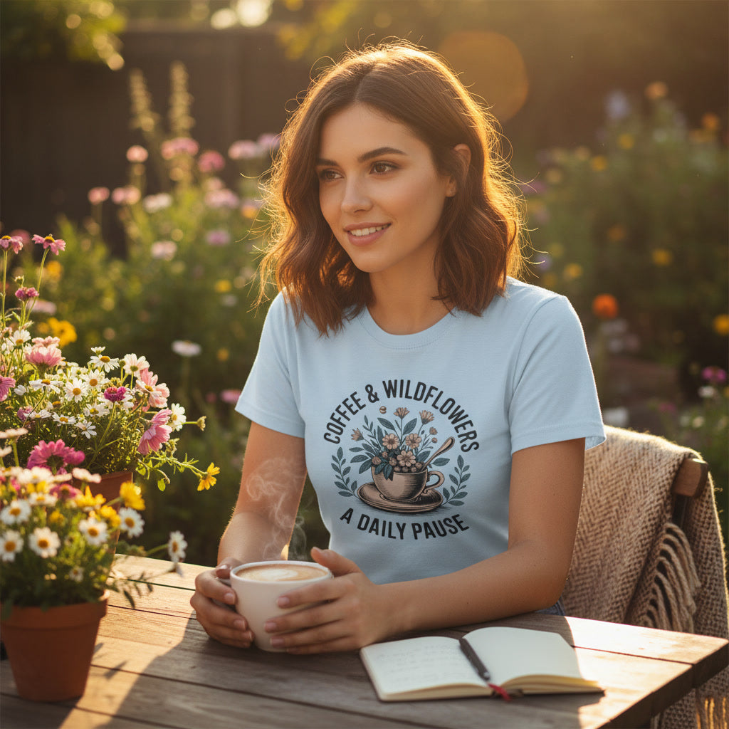 Coffee & Wildflowers Tee — “A Daily Pause” Floral Coffee Shirt