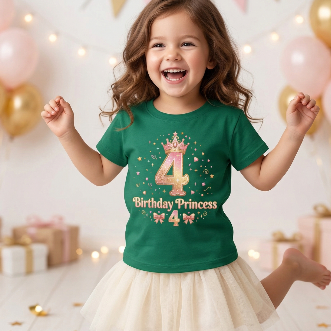 Cute Girl's T-Shirt - 4th Birthday Pink Princess Gold Crown i-Blend T-Shirt