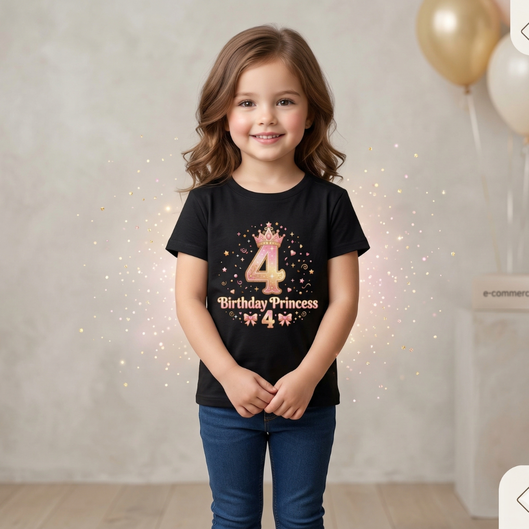 Cute Girl's T-Shirt - 4th Birthday Pink Princess Gold Crown i-Blend T-Shirt