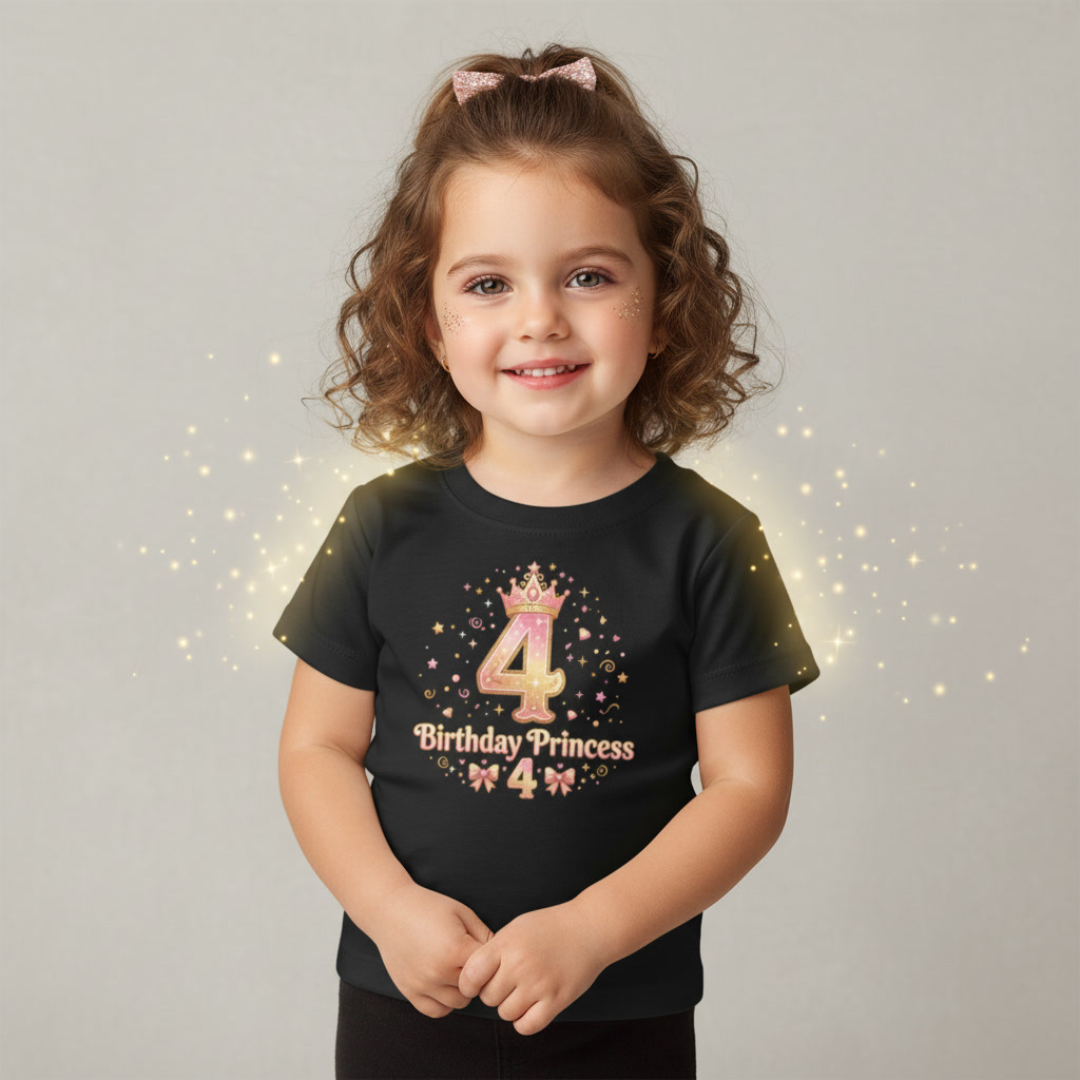 Cute Girl's T-Shirt - 4th Birthday Pink Princess Gold Crown i-Blend T-Shirt