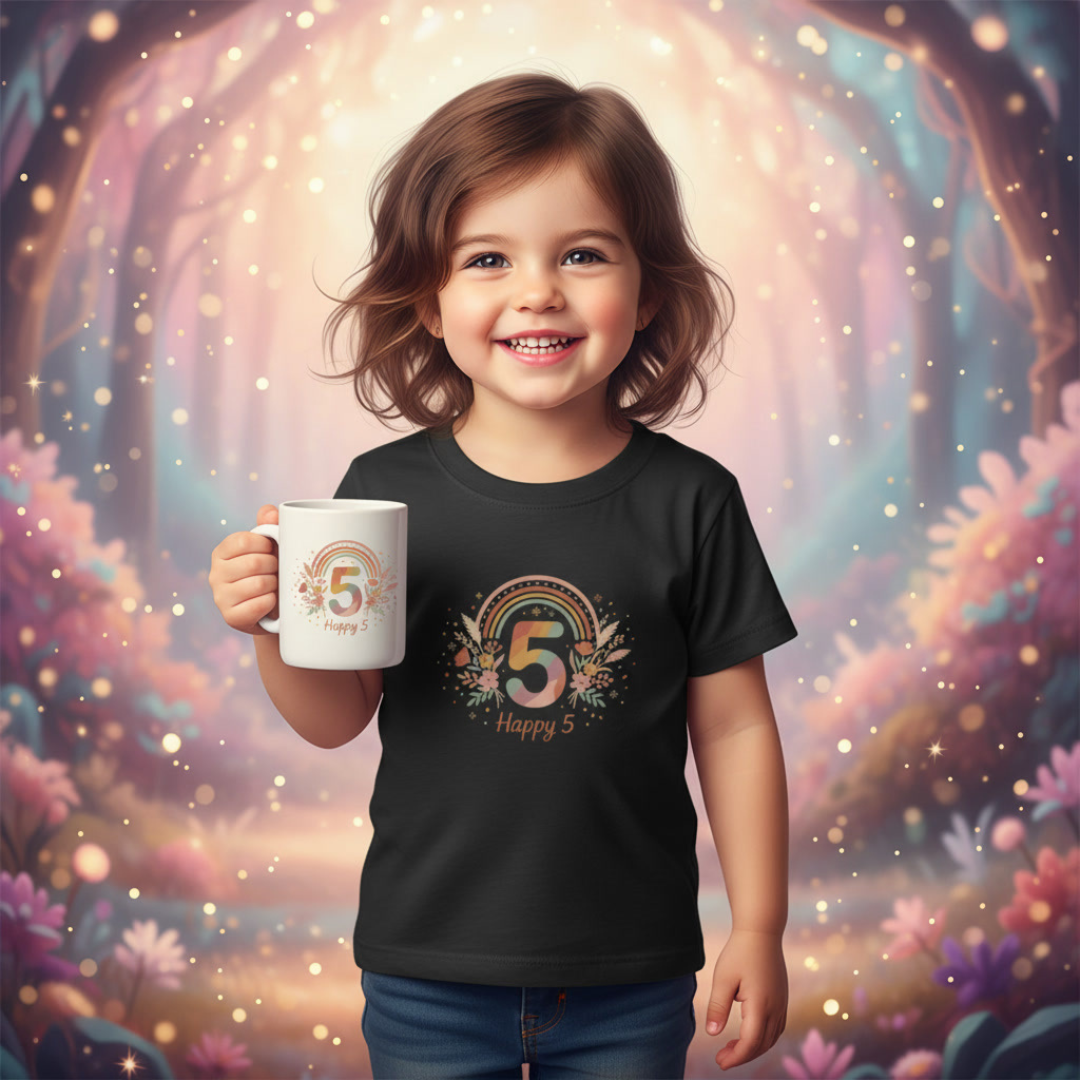 Toddler 5th Birthday Rainbow Tee – "Happy 5" Floral Celebration Shirt
