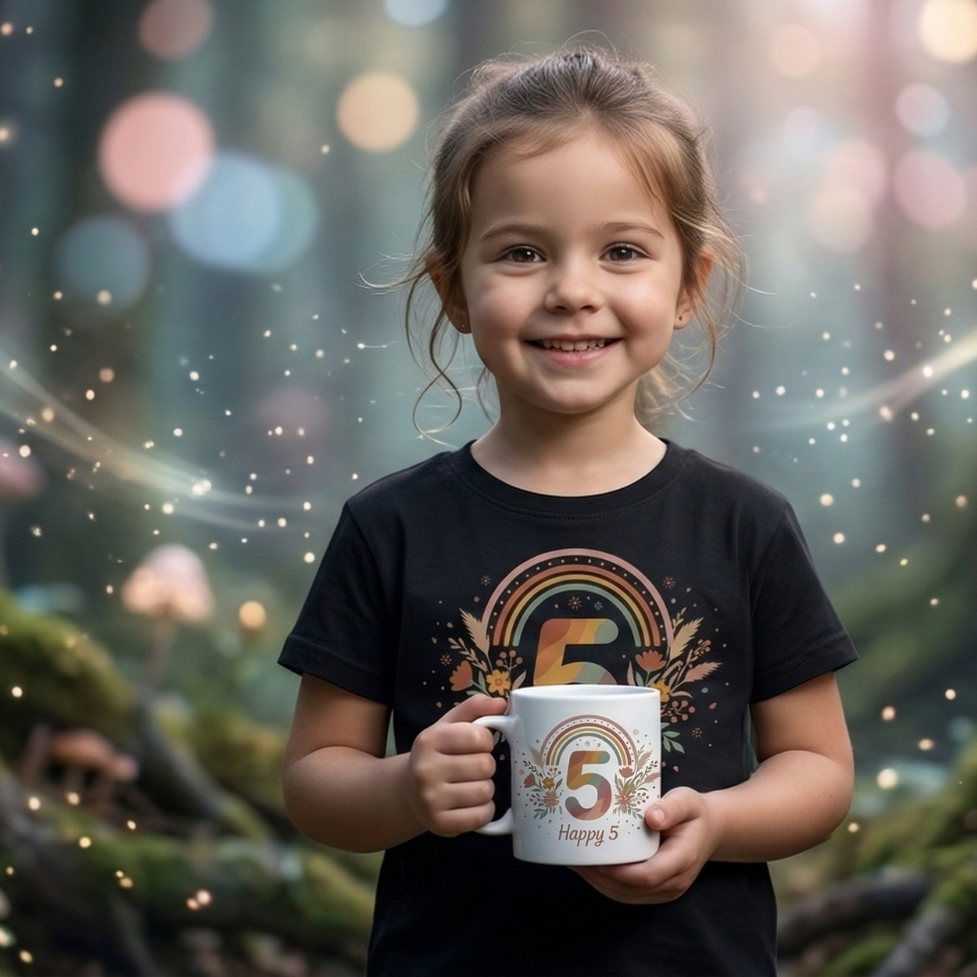 Toddler 5th Birthday Rainbow Tee – "Happy 5" Floral Celebration Shirt