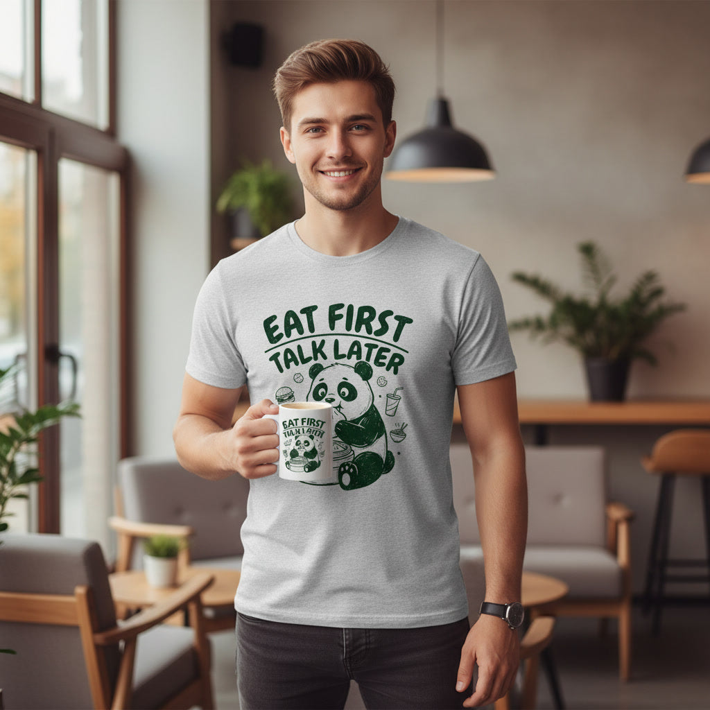 Eat First Talk Later Panda T-Shirt – Cute Foodie Graphic Tee