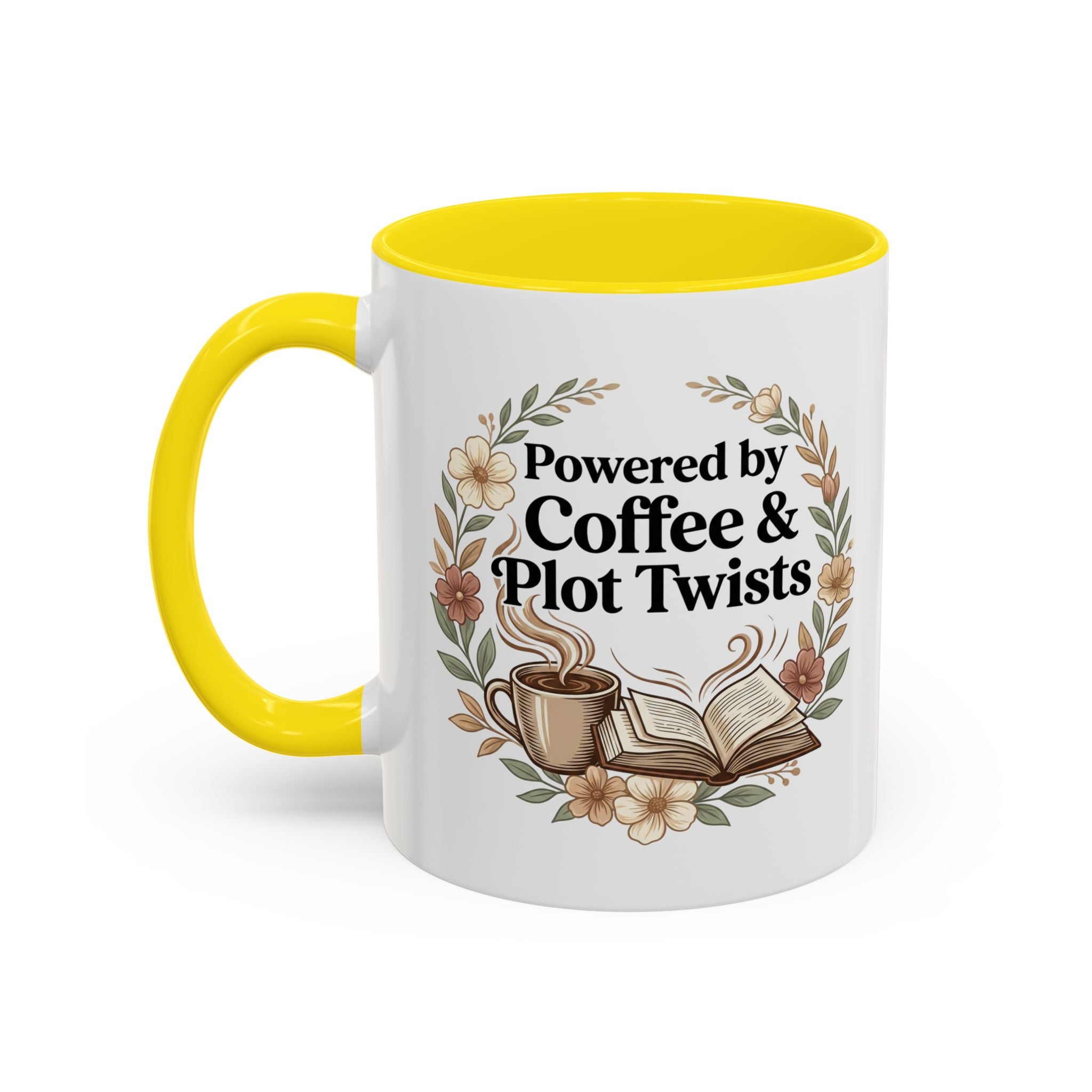 Coffee Mug — “Powered by Coffee & Plot Twists” Floral Book Lover Mug (11/15oz)