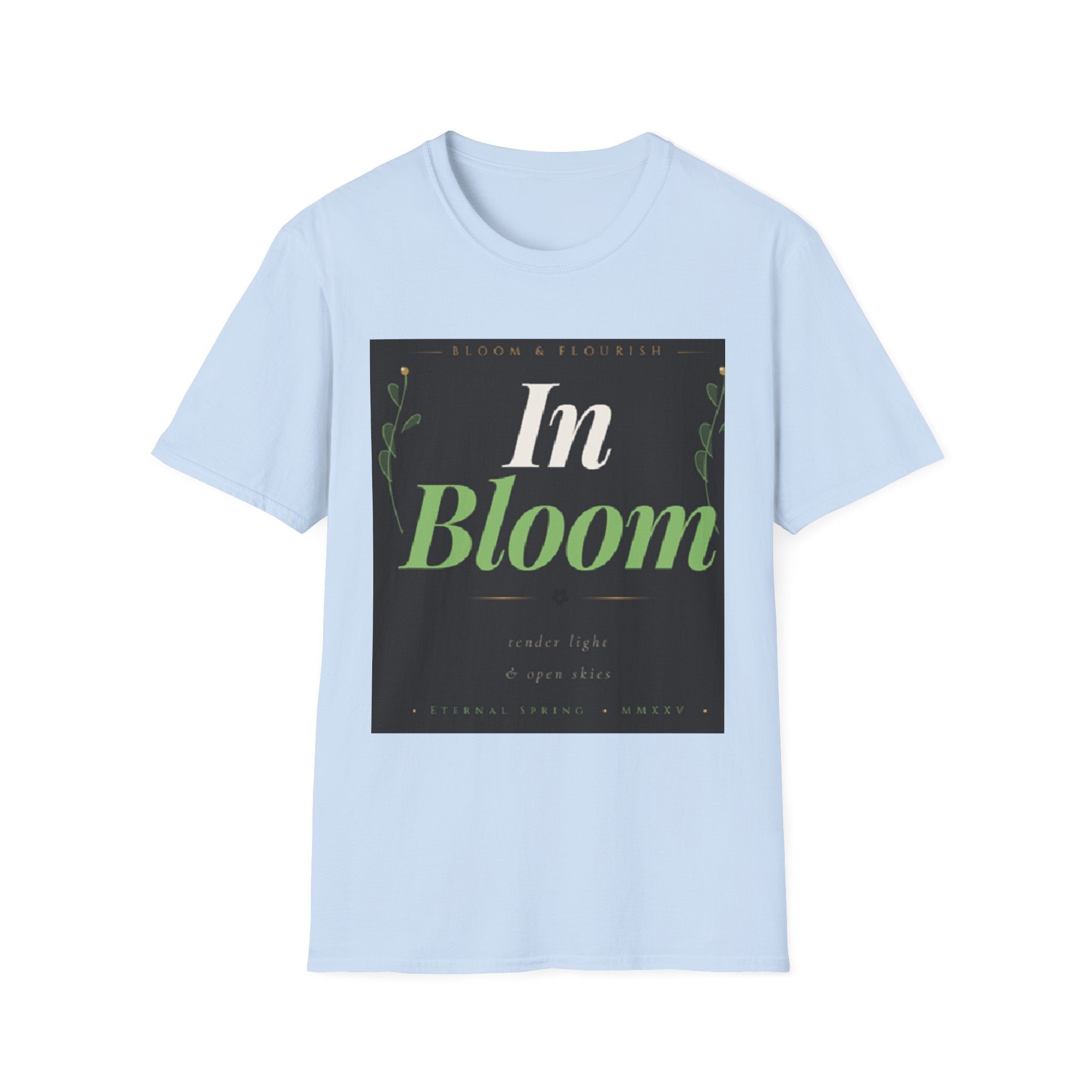 In Bloom T-Shirt — Botanical Graphic Tee with Green Lettering