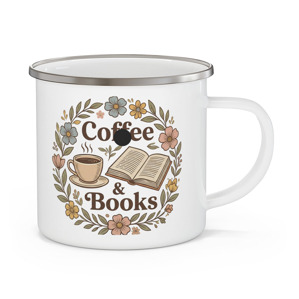 Enamel Mug — "Coffee & Books" Floral Camp Cup