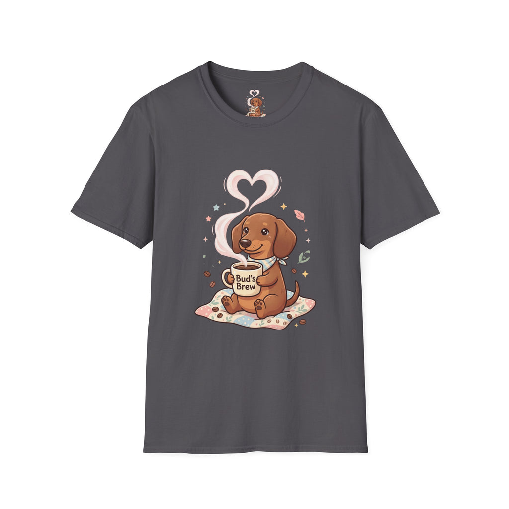 )  Cute Dachshund Coffee Lover T-Shirt – Bud’s Brew Puppy Shirt | Funny Dog Lover Gift | Coffee Lover Graphic Tee