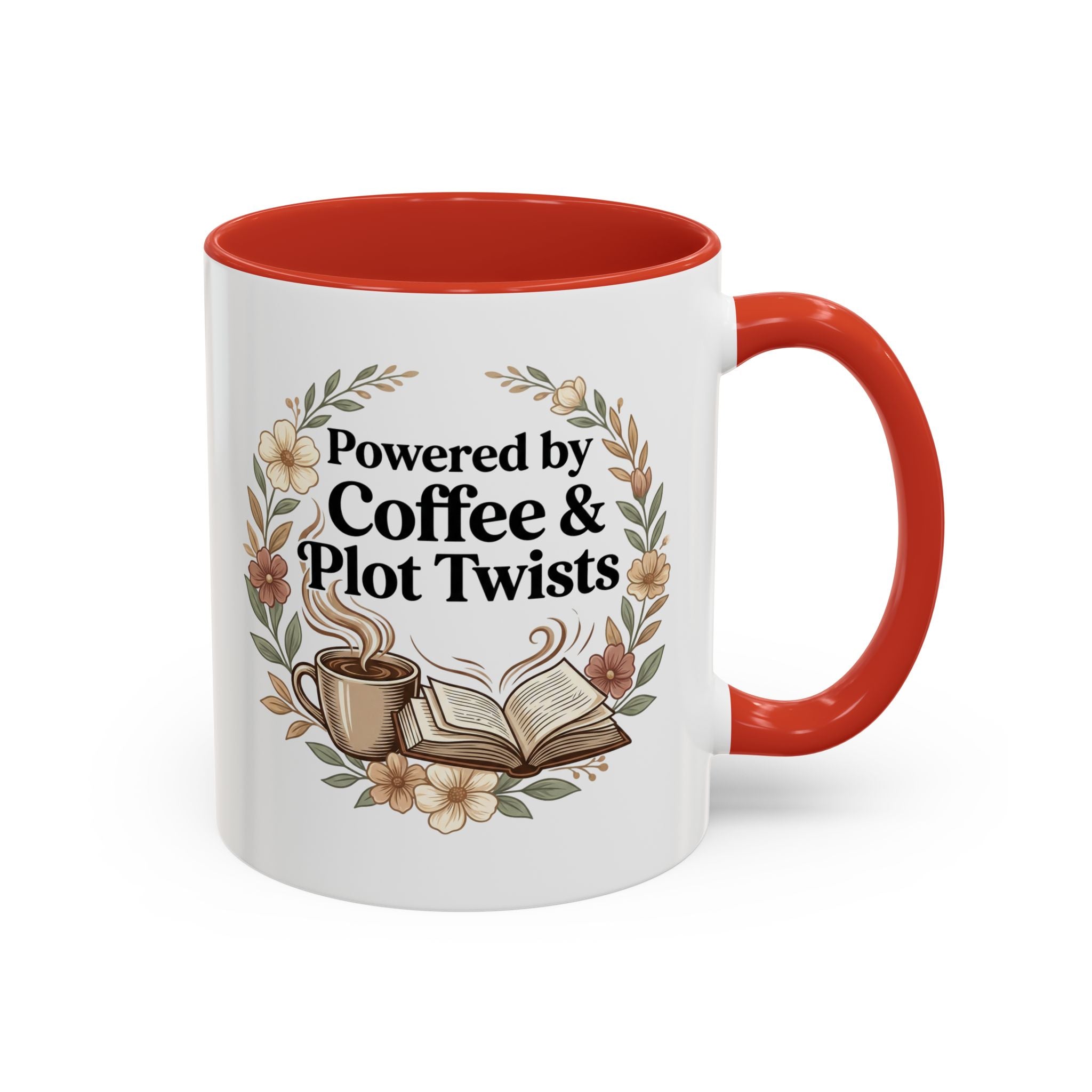 Coffee Mug — “Powered by Coffee & Plot Twists” Floral Book Lover Mug (11/15oz)