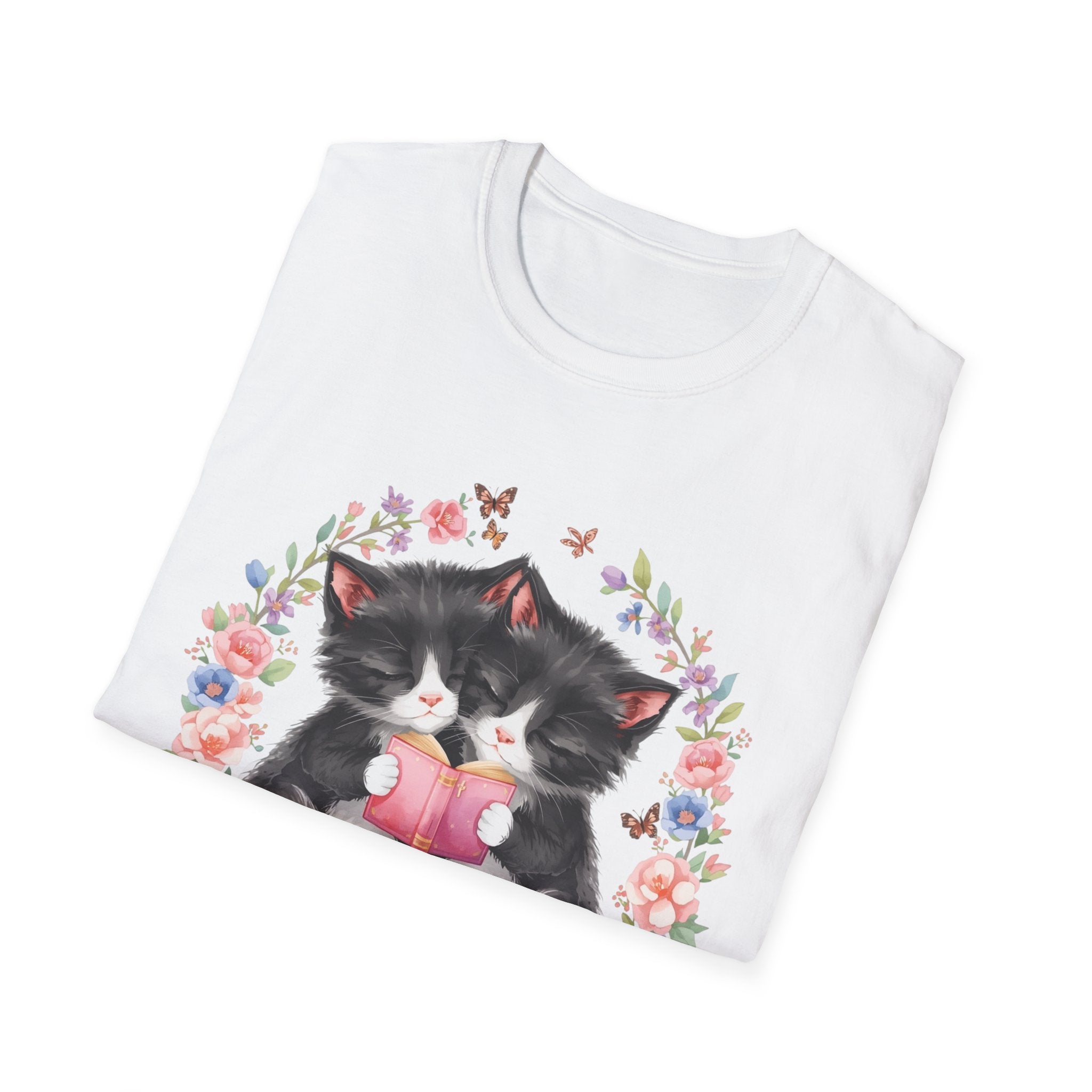 Cat Kittens Floral Wreath T-Shirt — Cute Twins with Gift & Bow