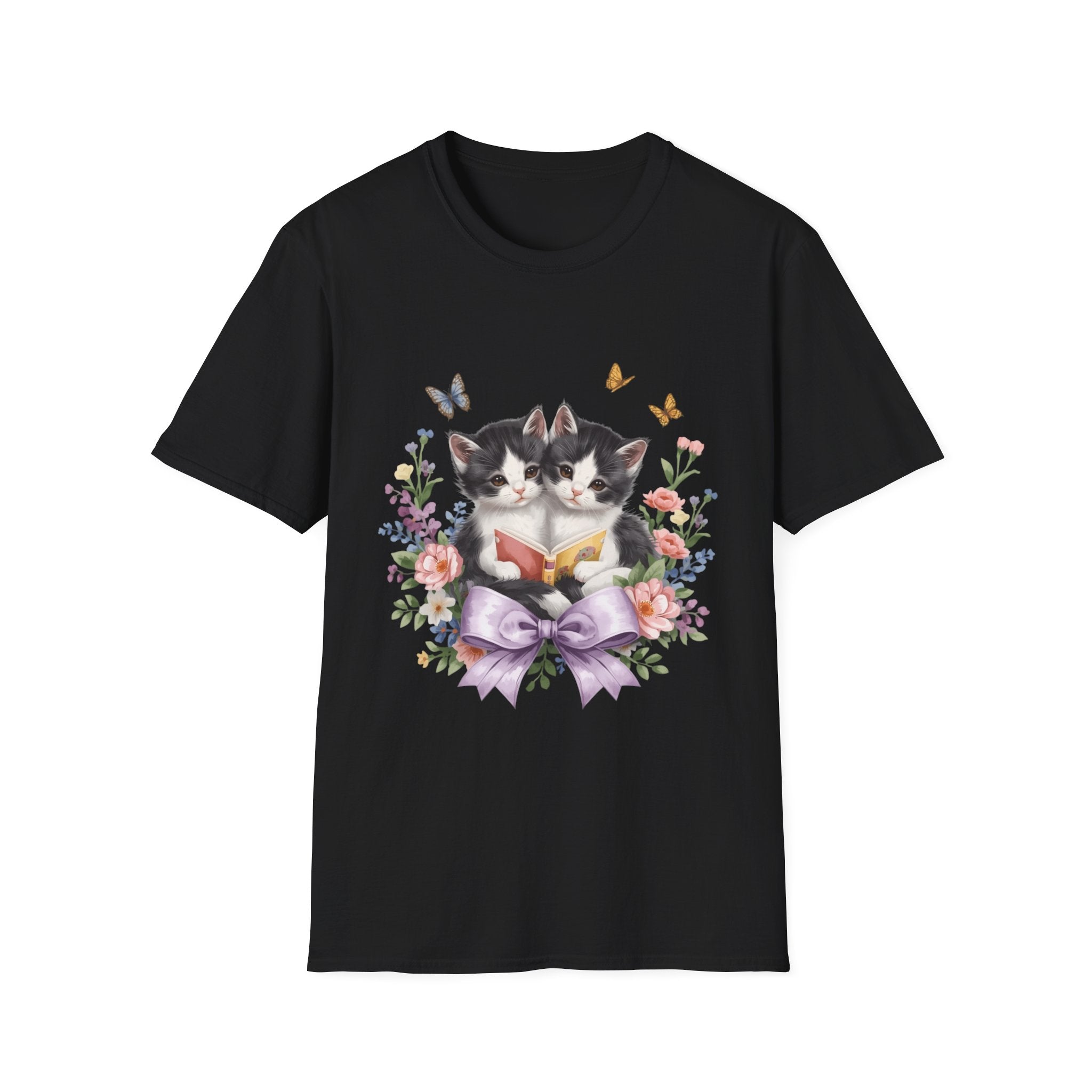 Cute Kitten Floral T-Shirt — Twin Cats with Ribbon & Butterflies