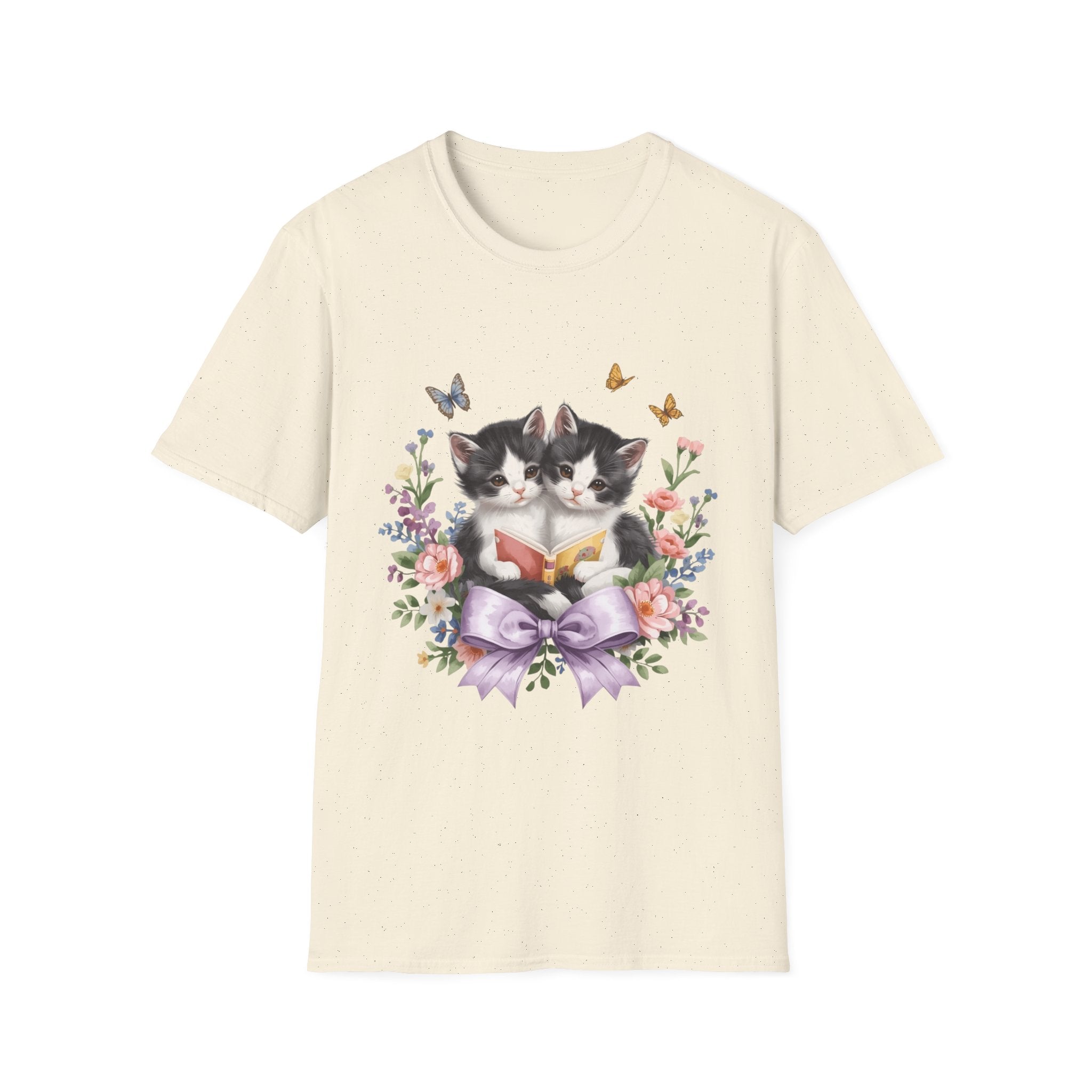 Cute Kitten Floral T-Shirt — Twin Cats with Ribbon & Butterflies