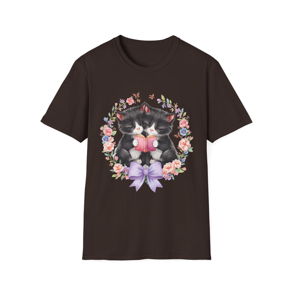 Cat Kittens Floral Wreath T-Shirt — Cute Twins with Gift & Bow