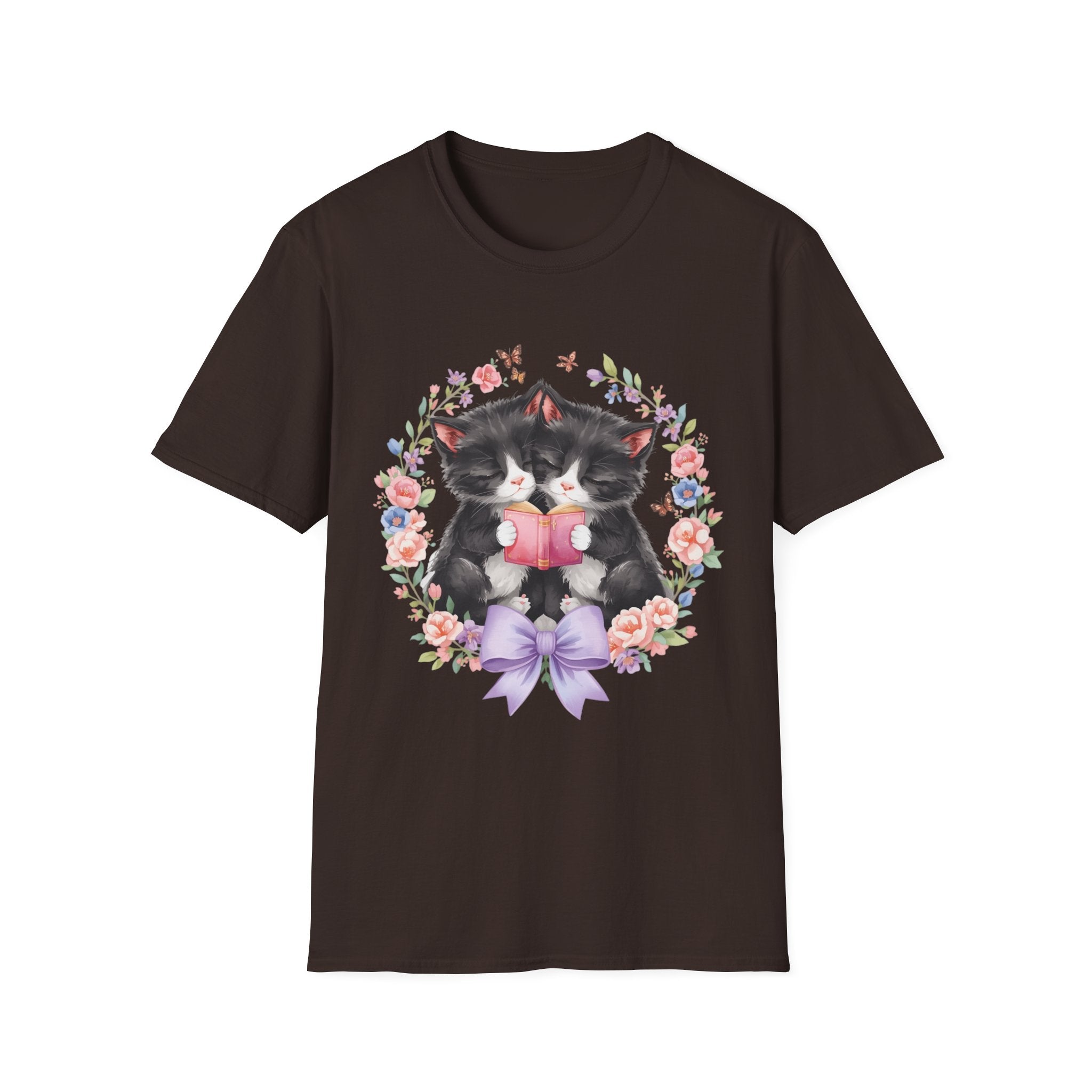 Cat Kittens Floral Wreath T-Shirt — Cute Twins with Gift & Bow