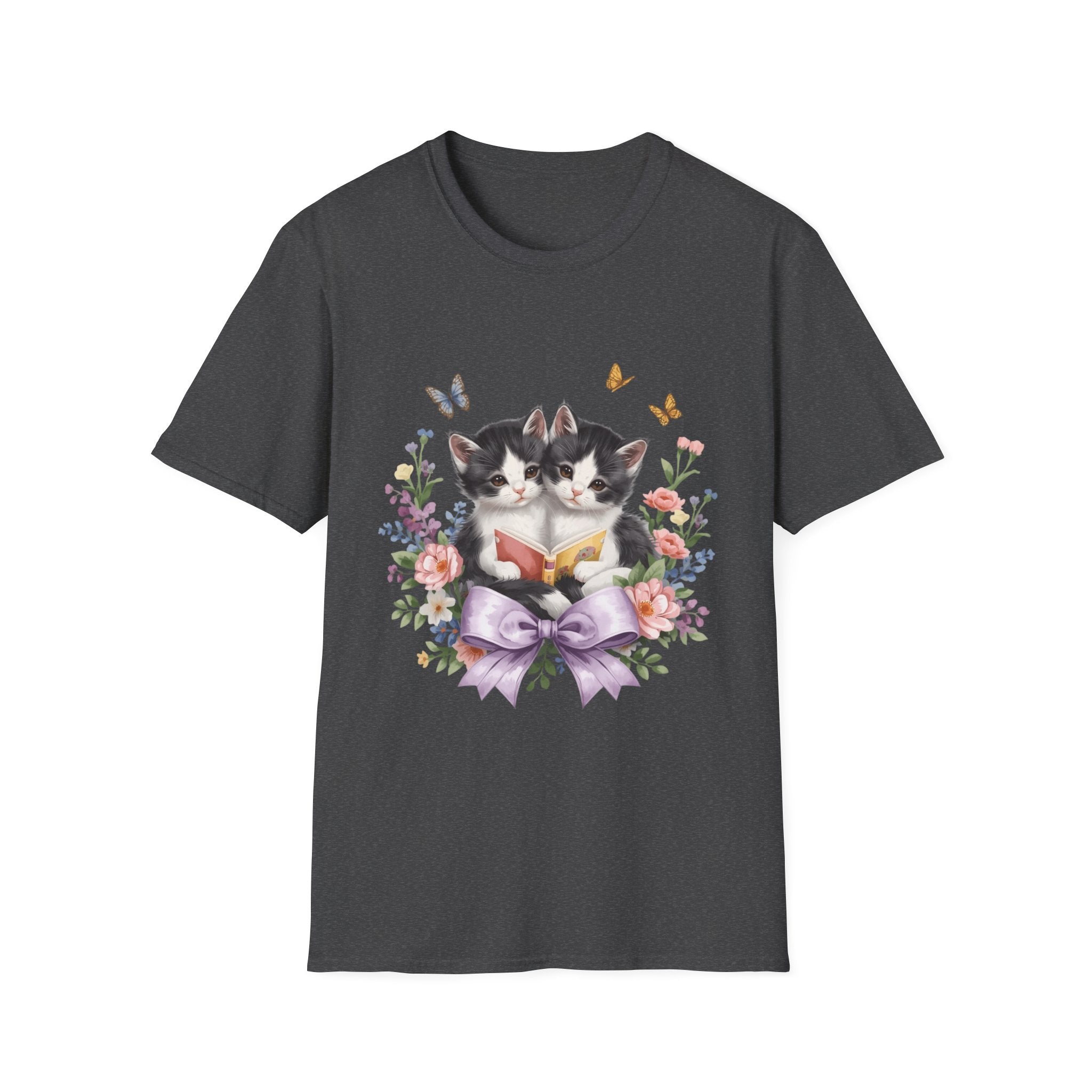 Cute Kitten Floral T-Shirt — Twin Cats with Ribbon & Butterflies