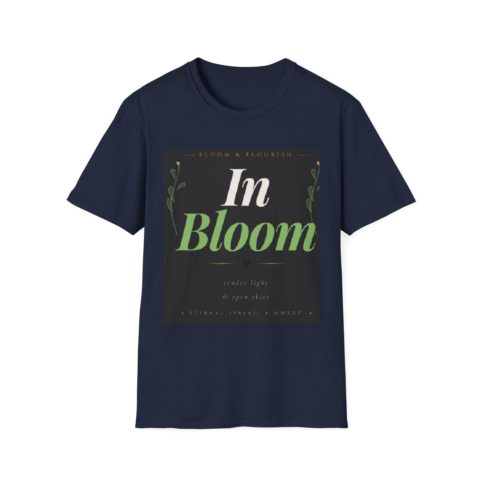 In Bloom T-Shirt — Botanical Graphic Tee with Green Lettering