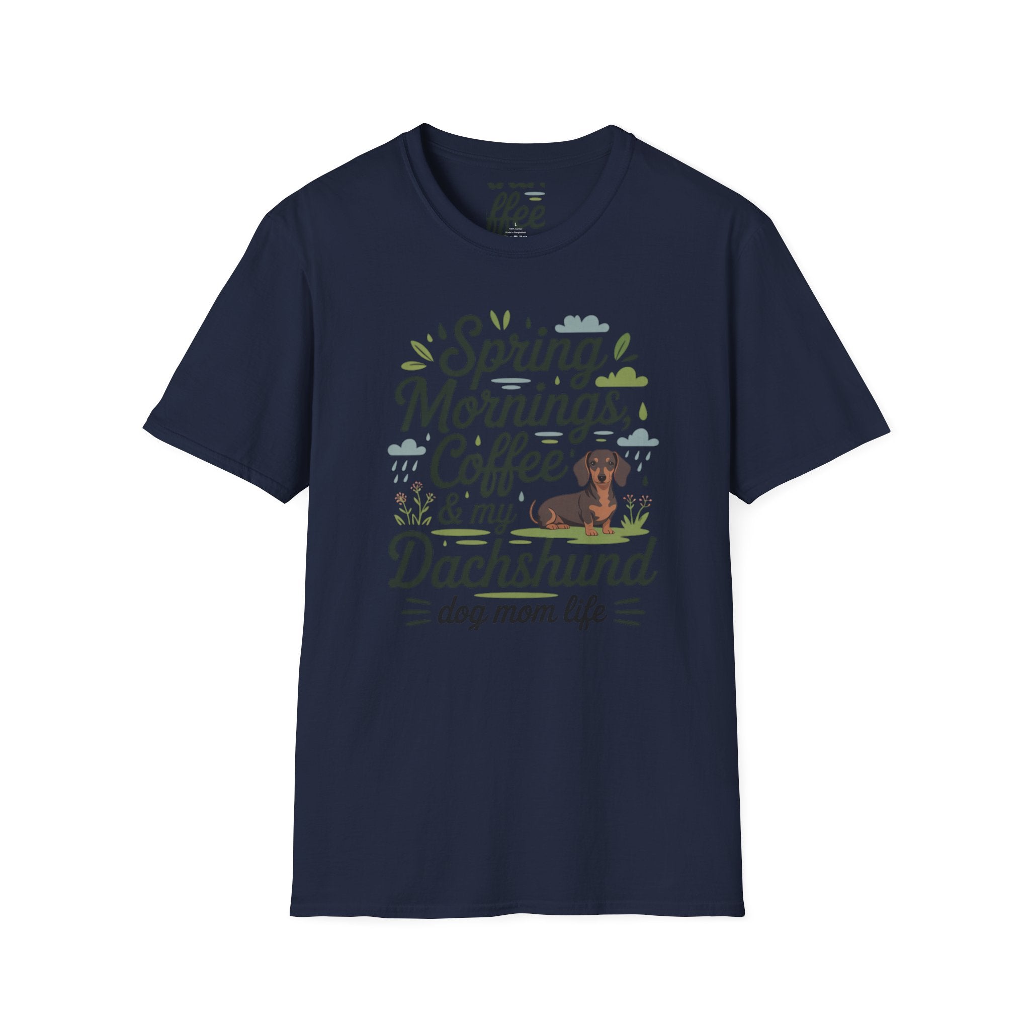 Dachshund Dog Mom T-Shirt — "Spring Mornings, Coffee & My Dachshund"