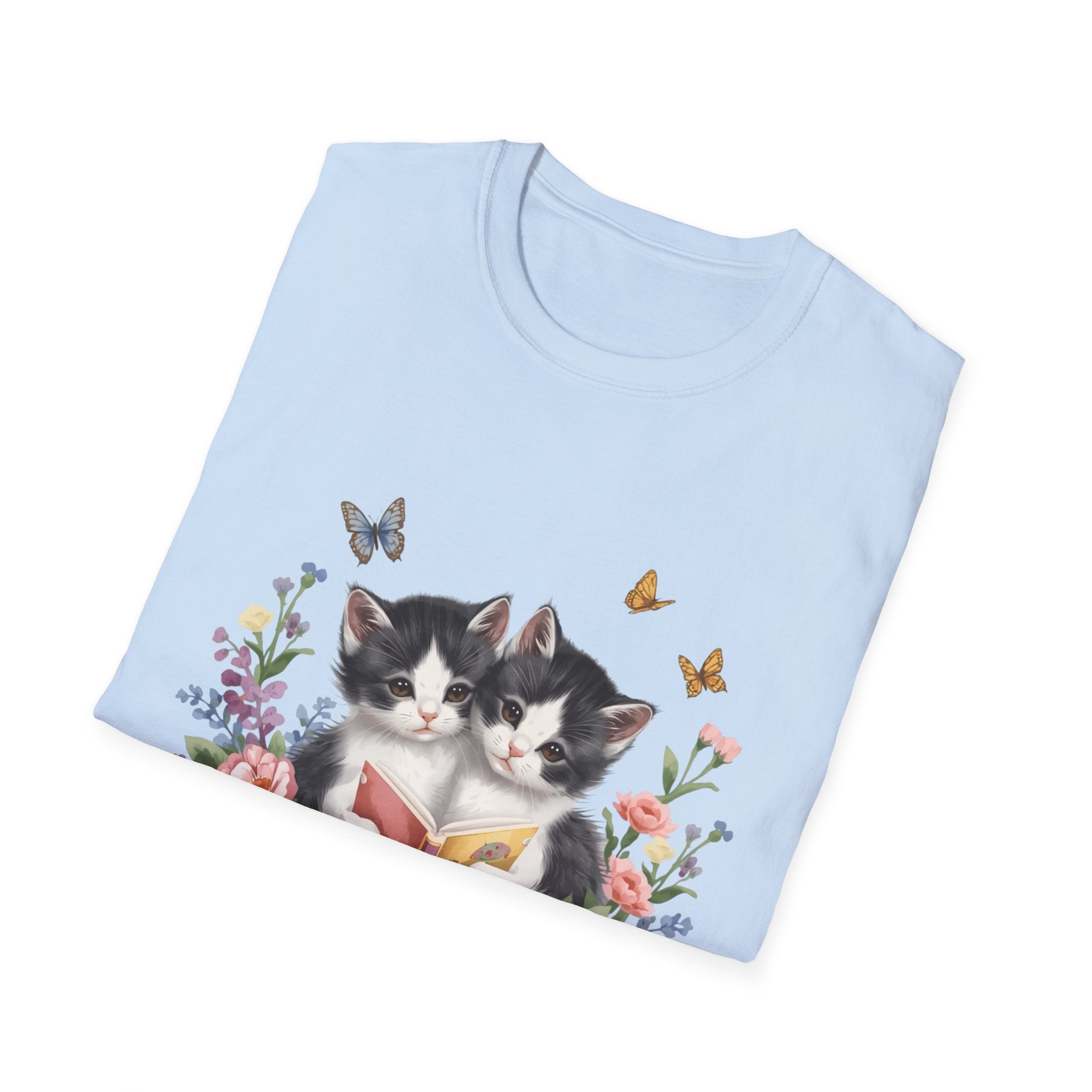 Cute Kitten Floral T-Shirt — Twin Cats with Ribbon & Butterflies