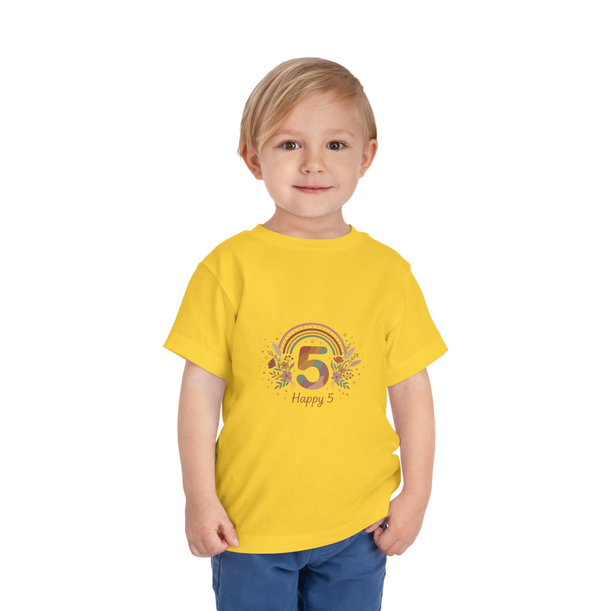 Toddler 5th Birthday Rainbow Tee – "Happy 5" Floral Celebration Shirt