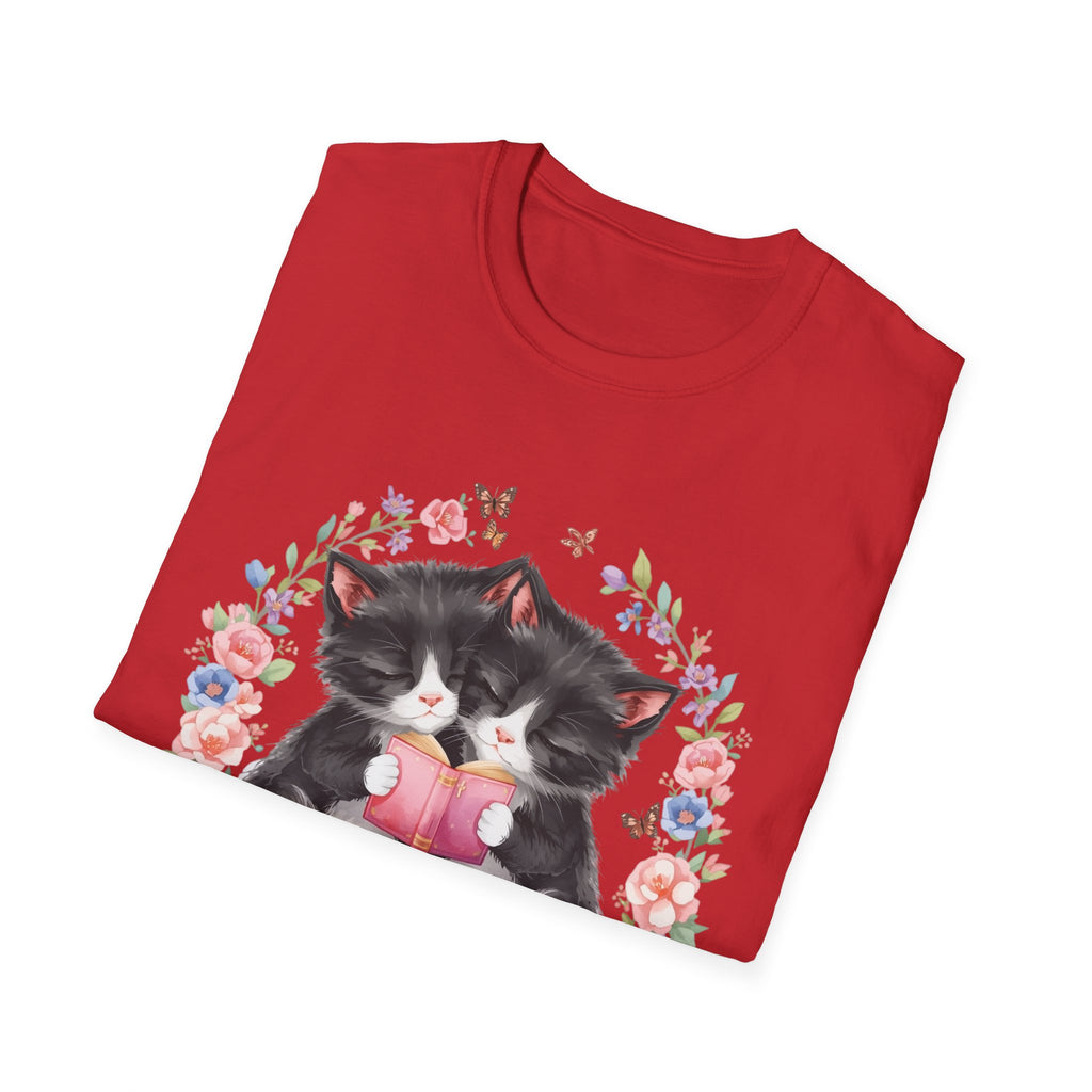 Cat Kittens Floral Wreath T-Shirt — Cute Twins with Gift & Bow