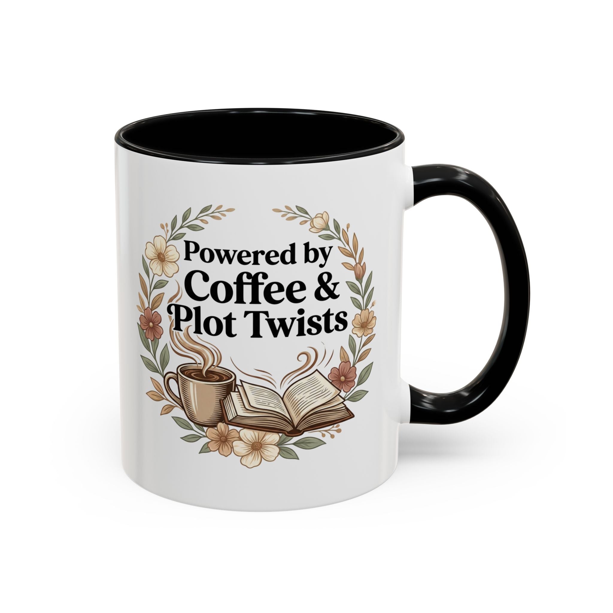 Coffee Mug — “Powered by Coffee & Plot Twists” Floral Book Lover Mug (11/15oz)