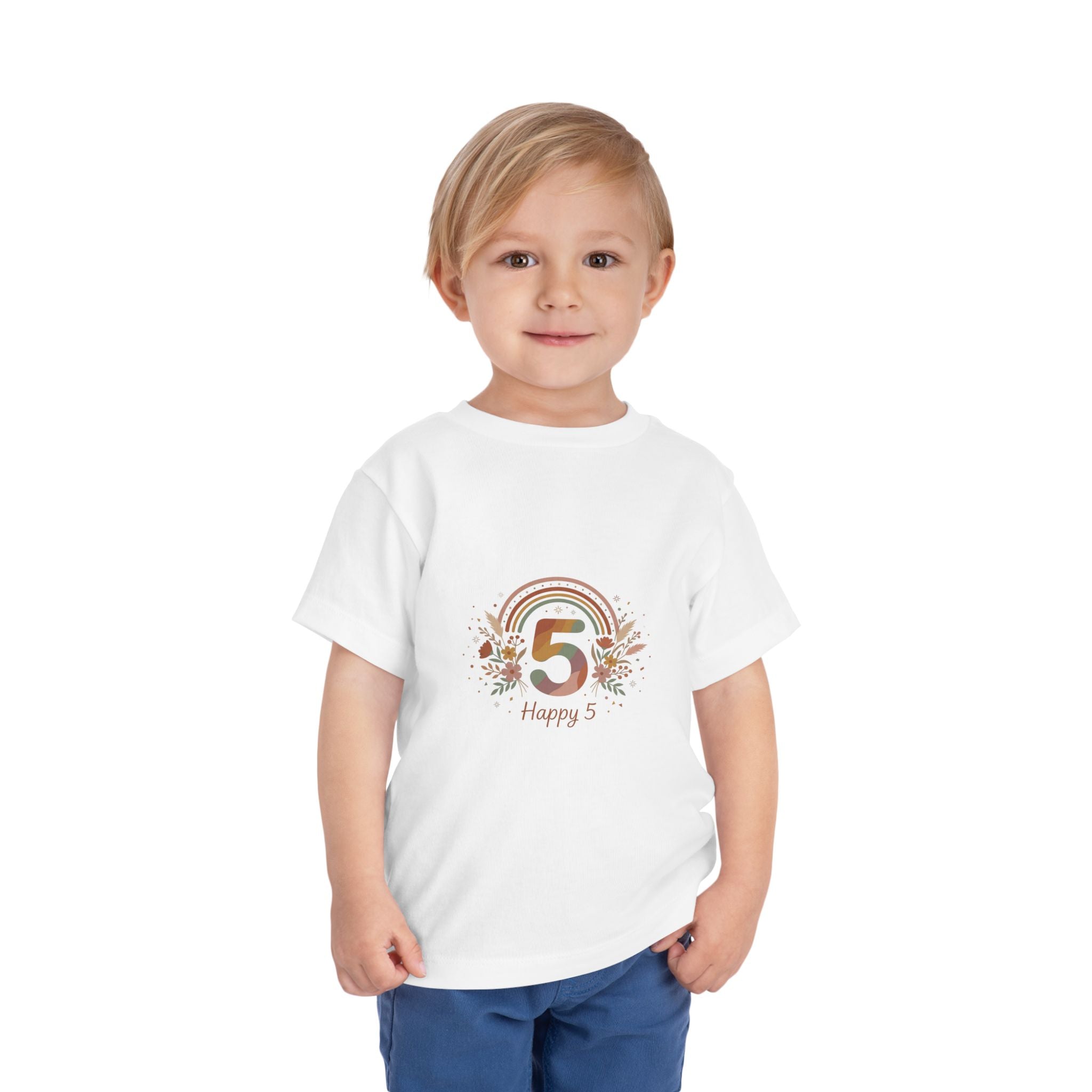 Toddler 5th Birthday Rainbow Tee – "Happy 5" Floral Celebration Shirt