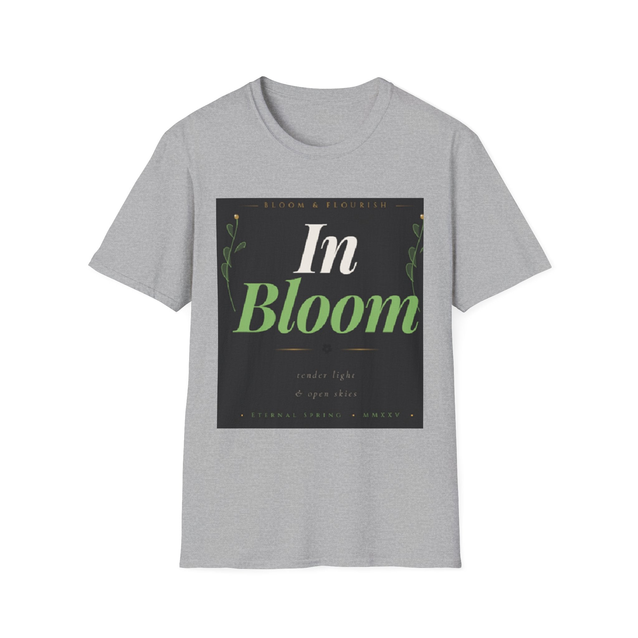 In Bloom T-Shirt — Botanical Graphic Tee with Green Lettering