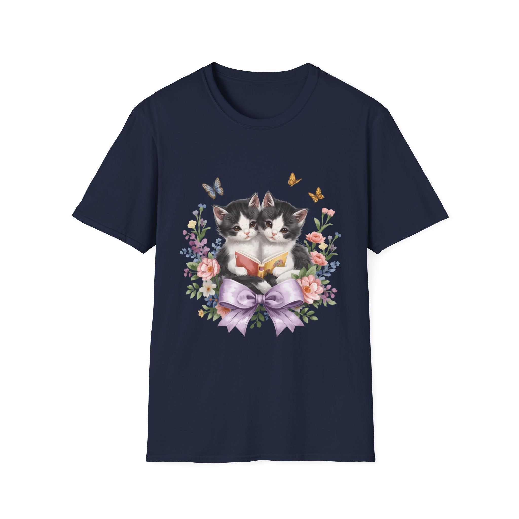 Cute Kitten Floral T-Shirt — Twin Cats with Ribbon & Butterflies