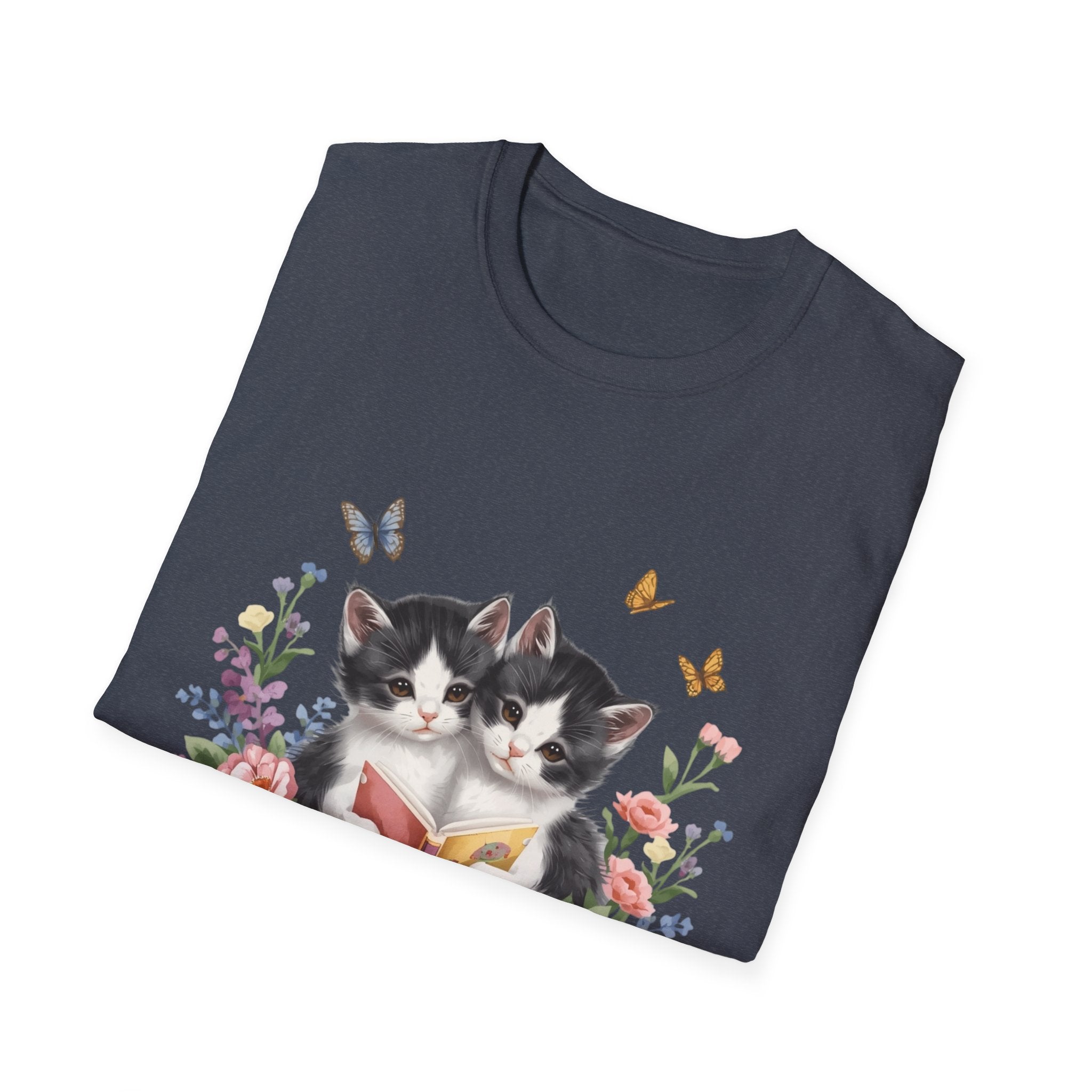 Cute Kitten Floral T-Shirt — Twin Cats with Ribbon & Butterflies
