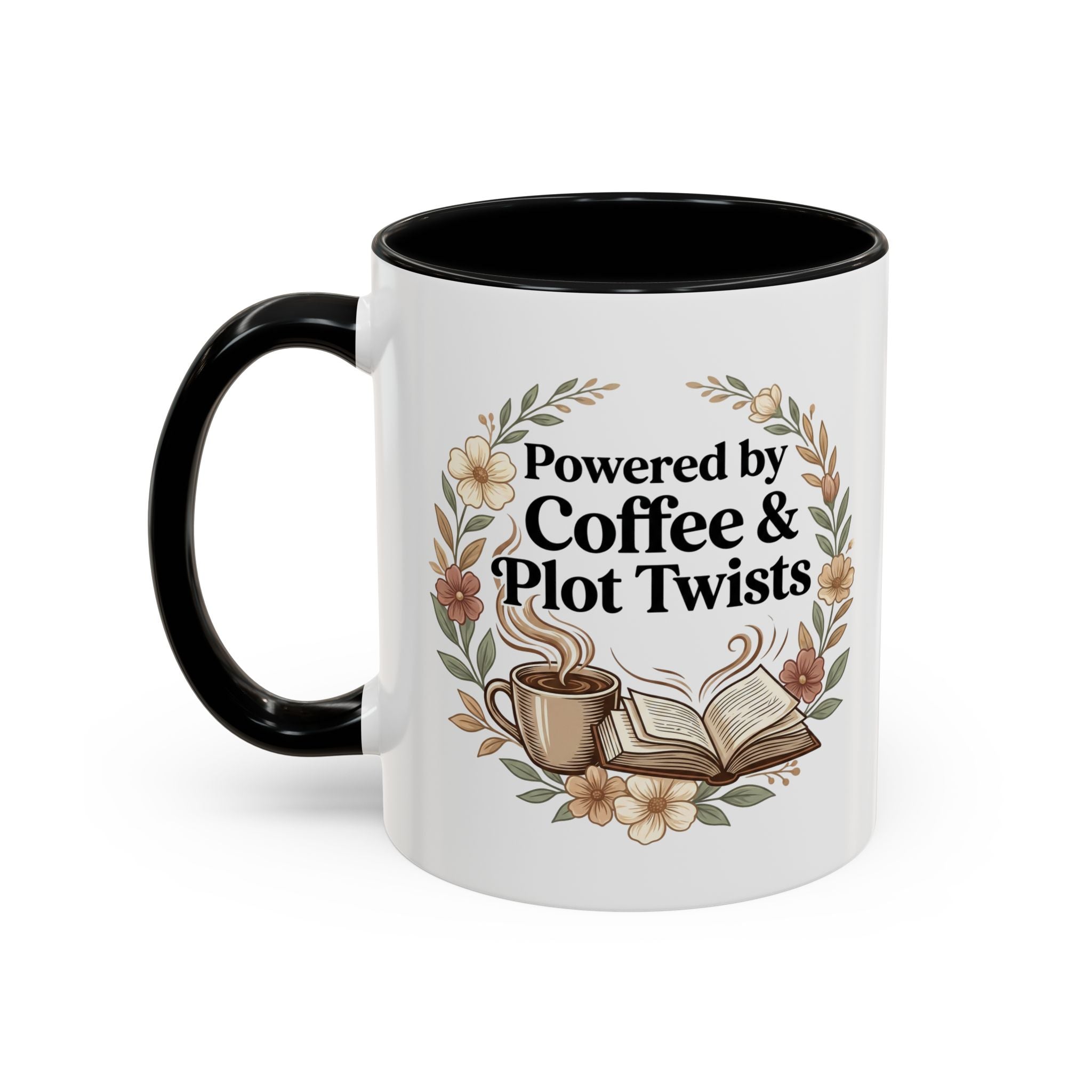 Coffee Mug — “Powered by Coffee & Plot Twists” Floral Book Lover Mug (11/15oz)