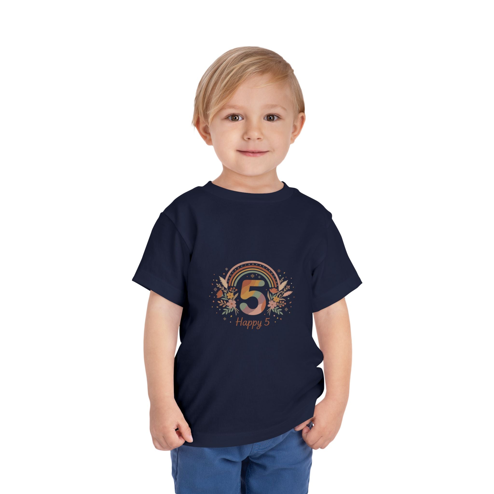 Toddler 5th Birthday Rainbow Tee – "Happy 5" Floral Celebration Shirt