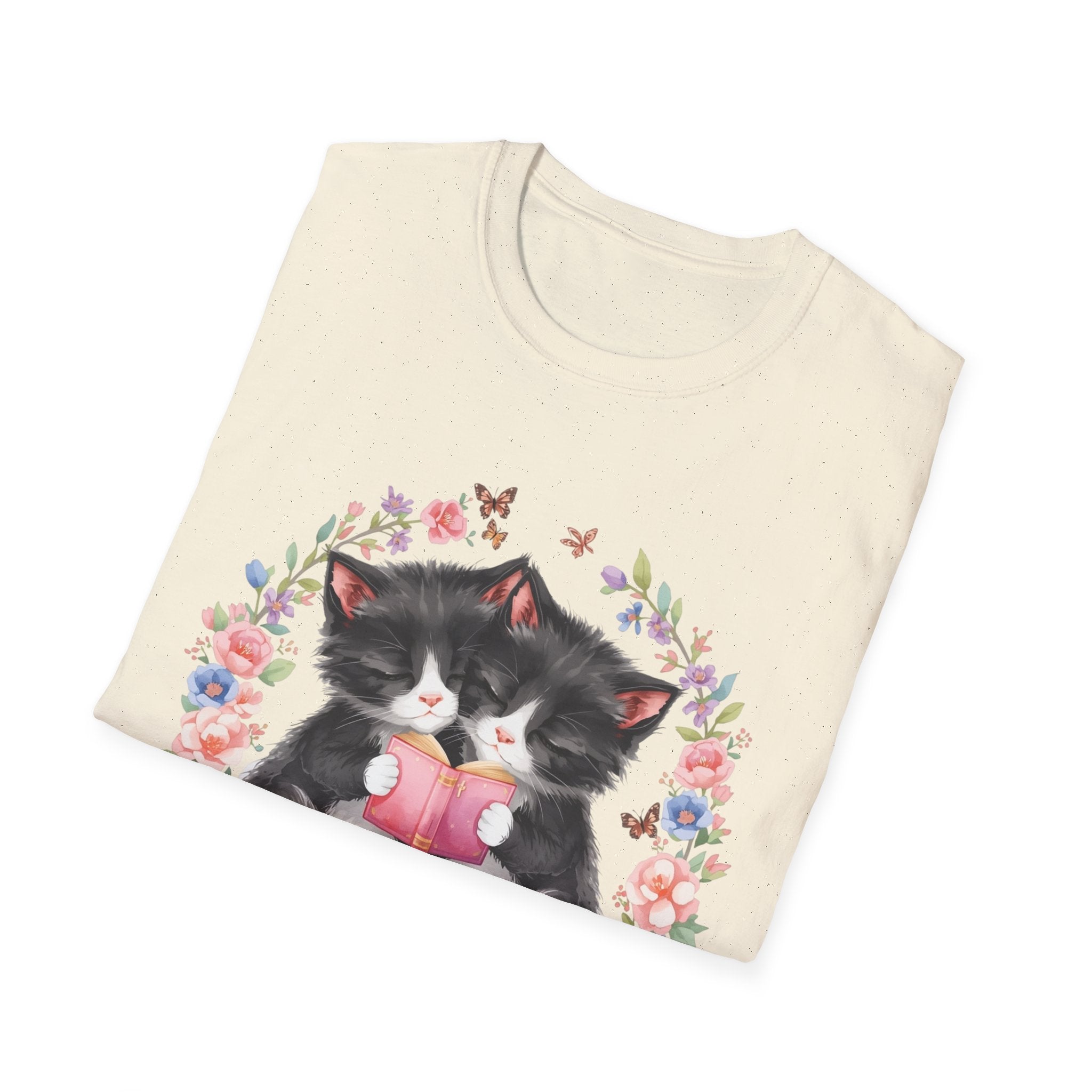 Cat Kittens Floral Wreath T-Shirt — Cute Twins with Gift & Bow