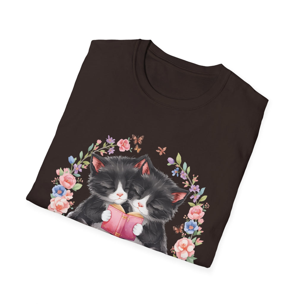 Cat Kittens Floral Wreath T-Shirt — Cute Twins with Gift & Bow