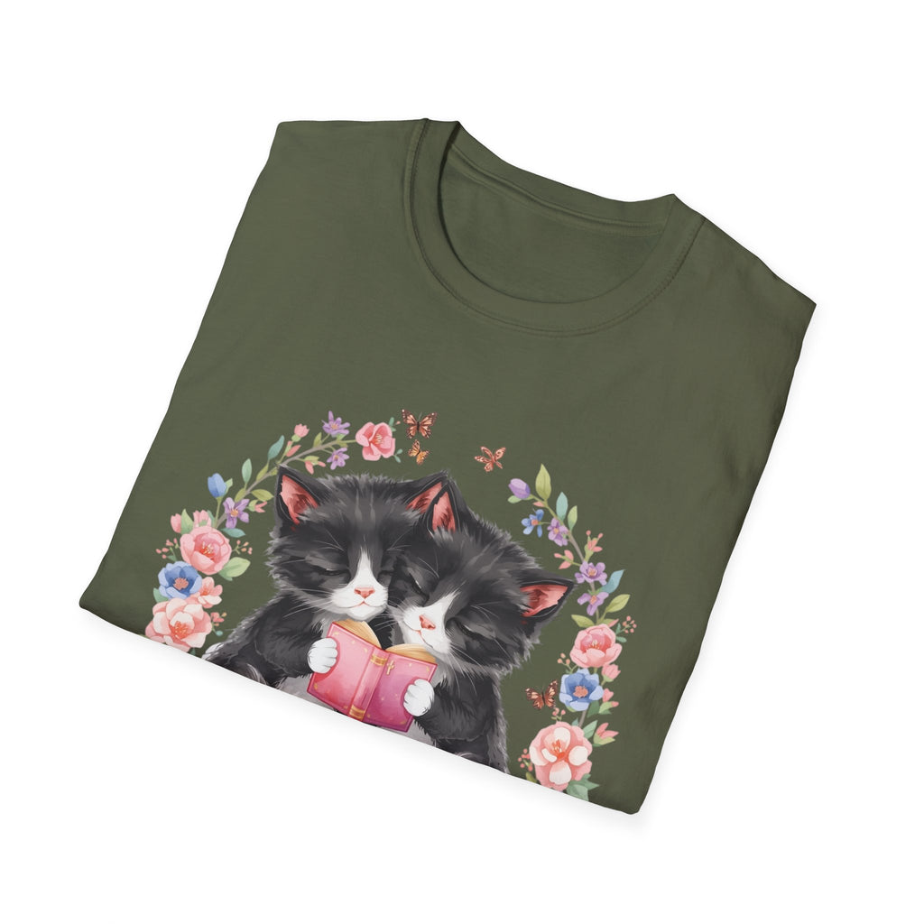 Cat Kittens Floral Wreath T-Shirt — Cute Twins with Gift & Bow