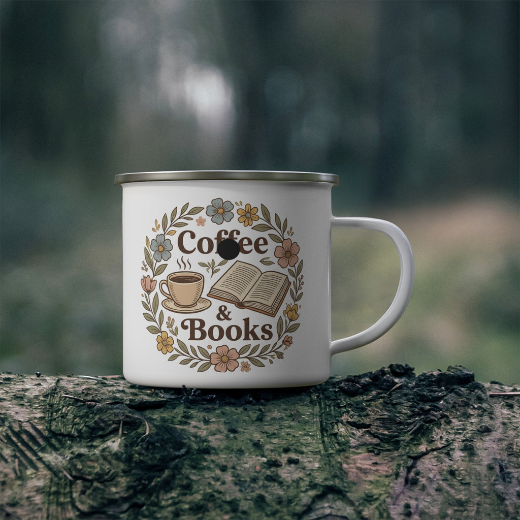 Enamel Mug — "Coffee & Books" Floral Camp Cup