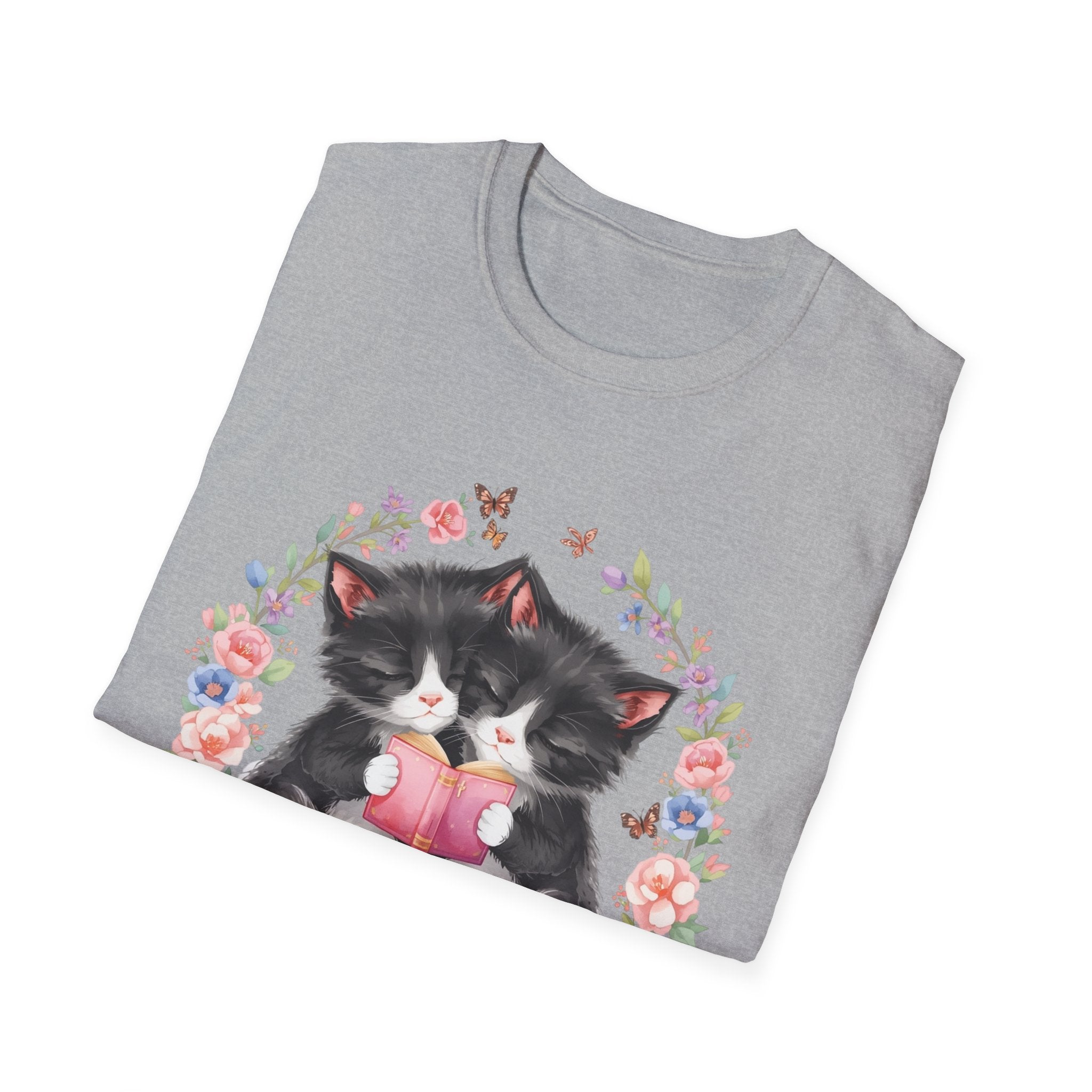 Cat Kittens Floral Wreath T-Shirt — Cute Twins with Gift & Bow