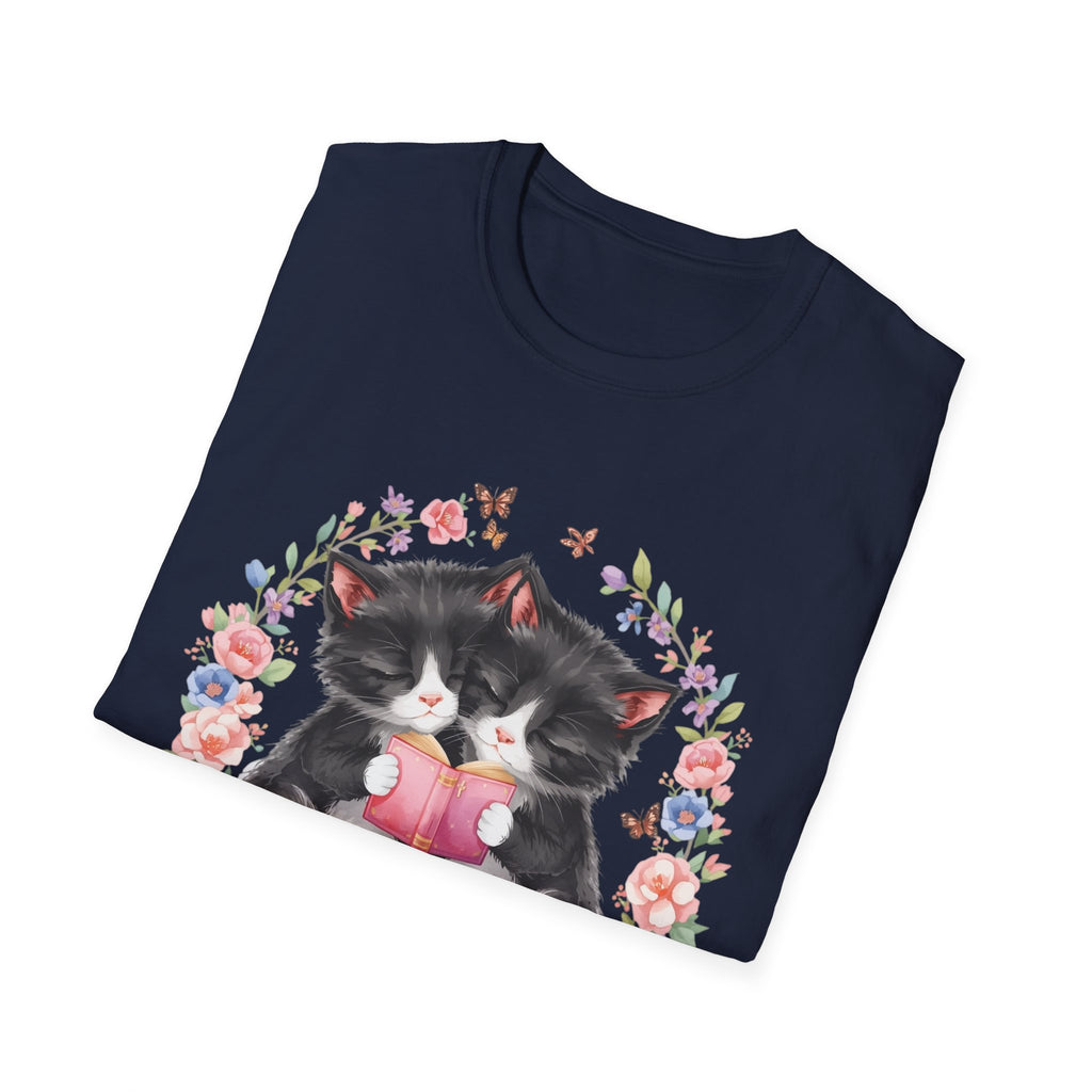 Cat Kittens Floral Wreath T-Shirt — Cute Twins with Gift & Bow